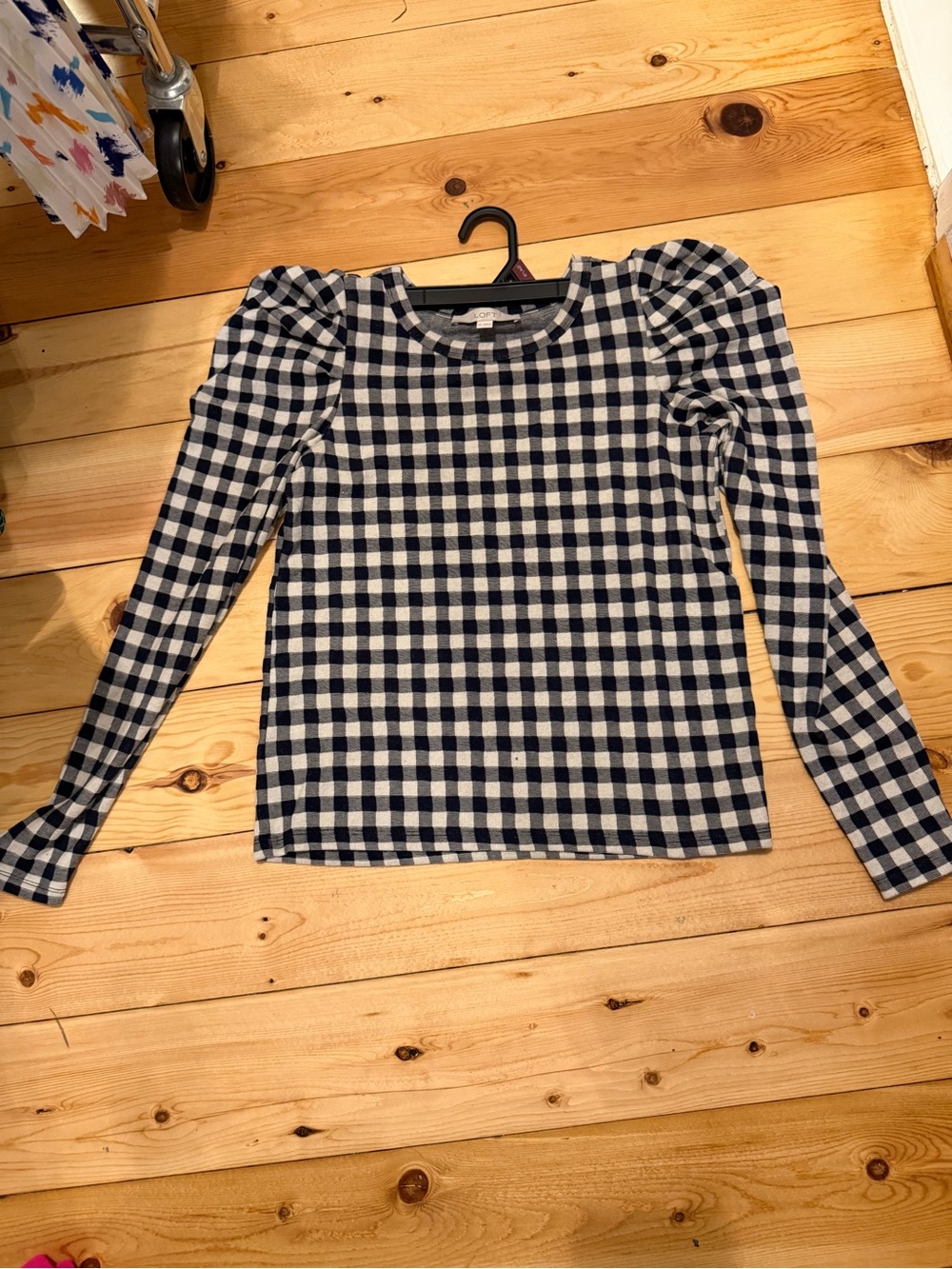 Loft Black & White Gingham Puff-Sleeve Long Sleeve Top